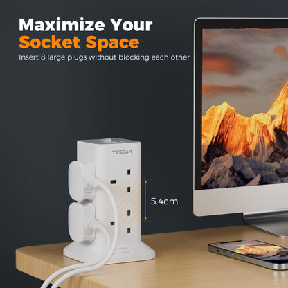Tower Extension Lead with USB C Slots, TESSAN 8 Way Plug Extension Socket with Switch, Surge Protected Power Strip with 2M Cable for Home, School Supplies