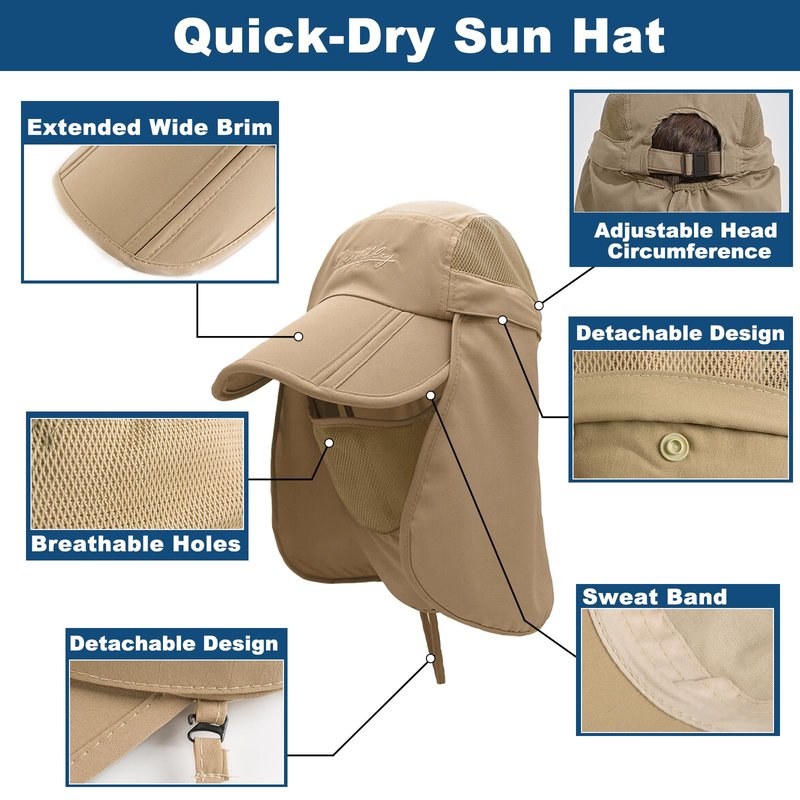 Surblue Quick-Drying Outdoor Cap UV Protection Sun Hats Fishing Hat Neck Face Flap Hat UPF50+ Khaki