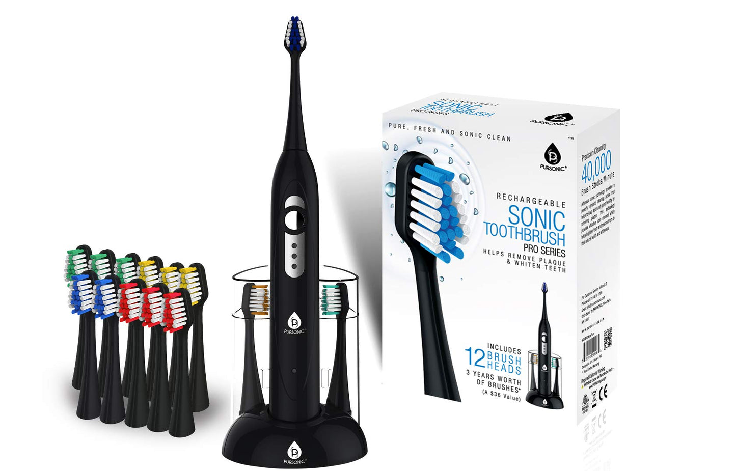 Pursonic S430 SmartSeries Electronic Power Rechargeable Sonic Toothbrush, 12 Brush Heads Included, Red