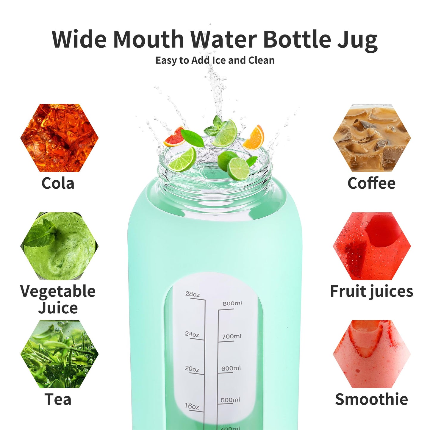 EALGRO 32 oz Glass Water Bottle with Straw and Handle, Sports Motivational Water Flask with Silicone Sleeve, Large Leakproof Water Flask Cup with Time Marker for Travel, Gym, Black