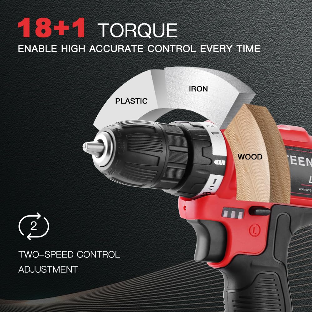 Cordless Drill Driver 21V TEENO,Battery Powered Screwdriver with 2X 1.5Ah Lithium Battery and 20 Accessories,2 Speeds,18+1Torque