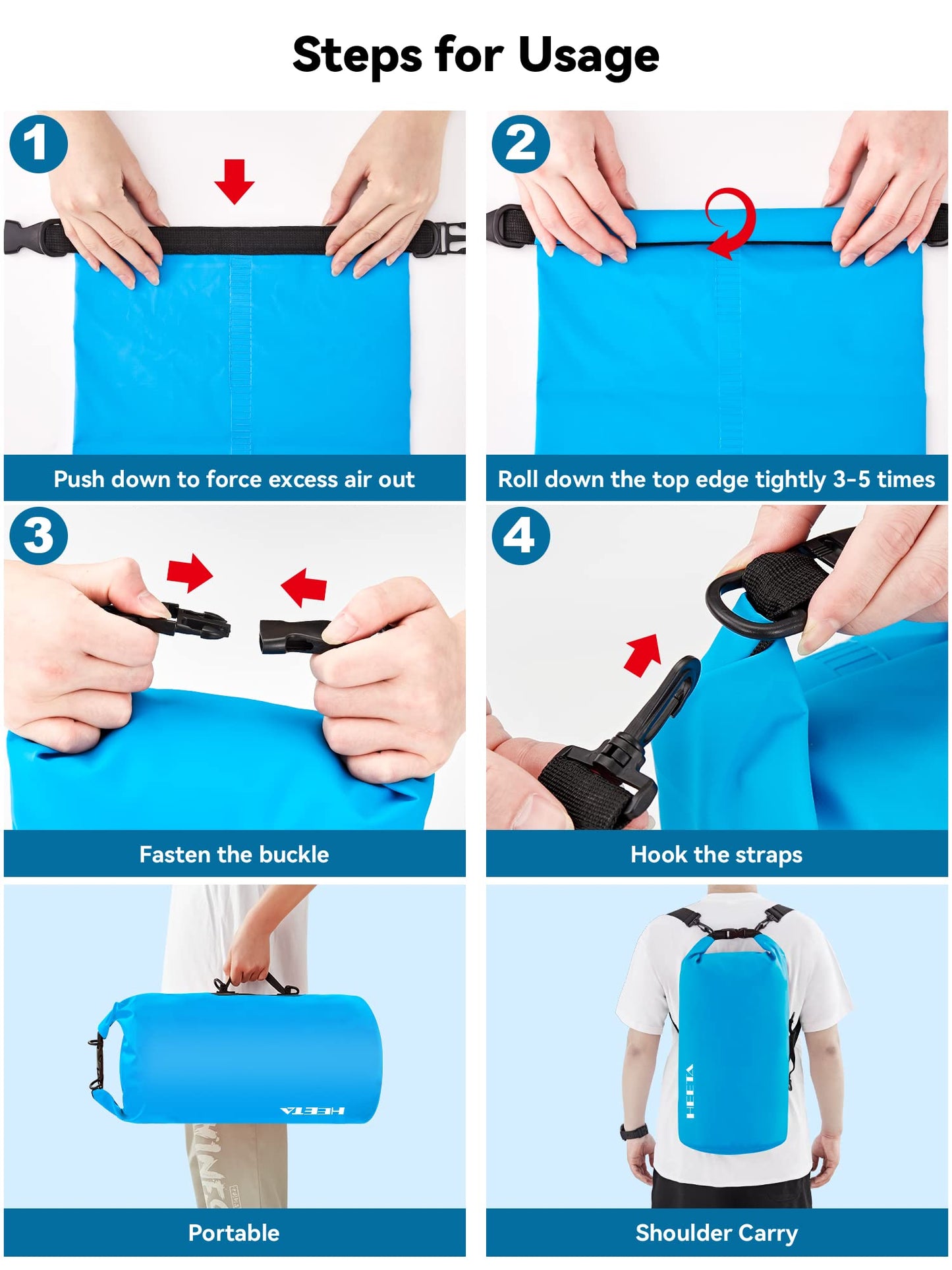 HEETA Waterproof Dry Bag for Women Men (Upgraded Version), Roll Top Lightweight Dry Storage Bag Backpack with Emergency Whistle for Travel, Swimming, Boating, Kayaking, Camping, Beach (Blue, 10L)