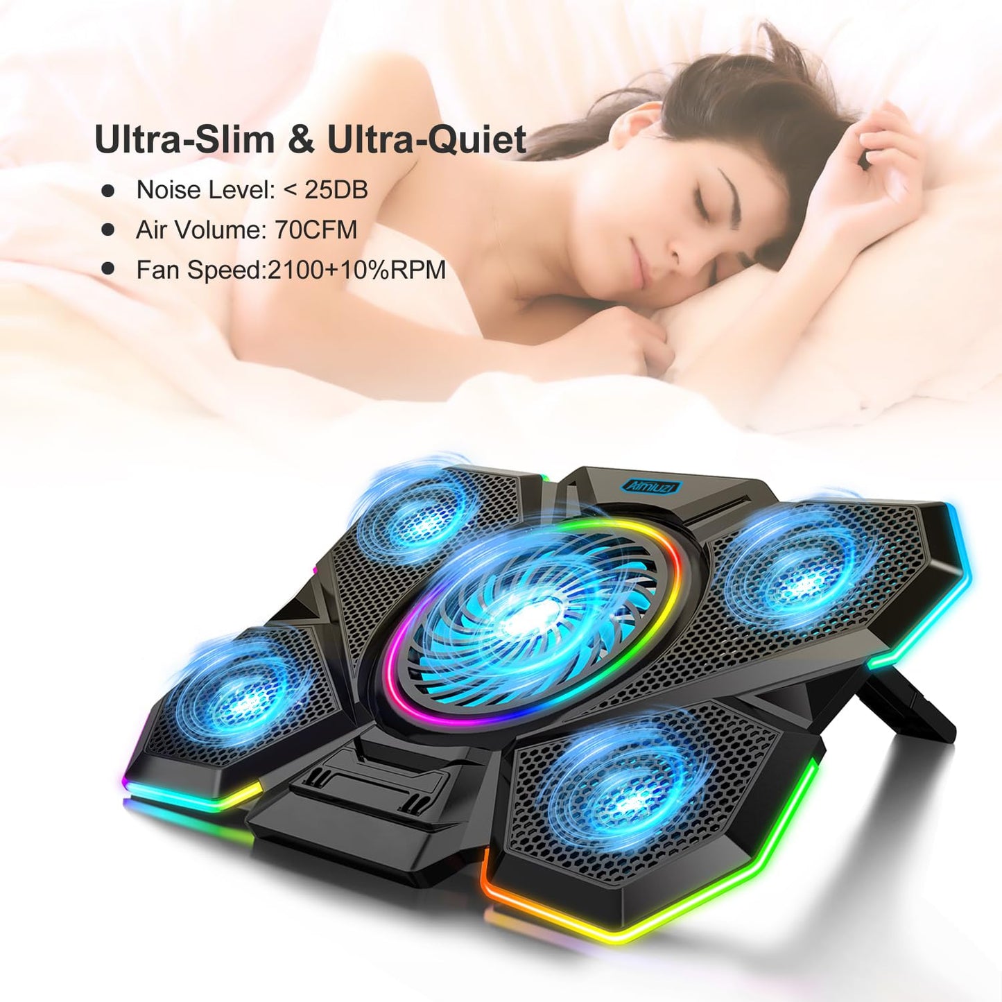 AIMIUZI Laptop Cooling Pad, Gaming Laptop Cooler with 5 Quiet Fans and LED Lights (One-Click Close), Laptop Fan Cooling Pad Fits 12-17 Inch Laptop, 7 Adjustable Height