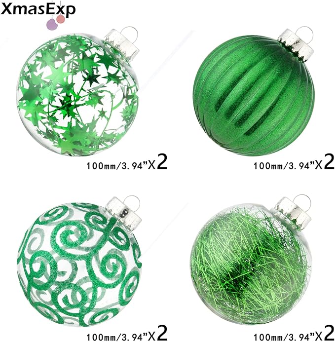 XmasExp 8ct Christmas Ball Ornaments Set -Large Clear Plastic Shatterproof Xmas Tree Ball Hanging Baubles Stuffed Delicate Glittering for Holiday Wedding Xmas Party Decoration (100mm/3.94",Green)