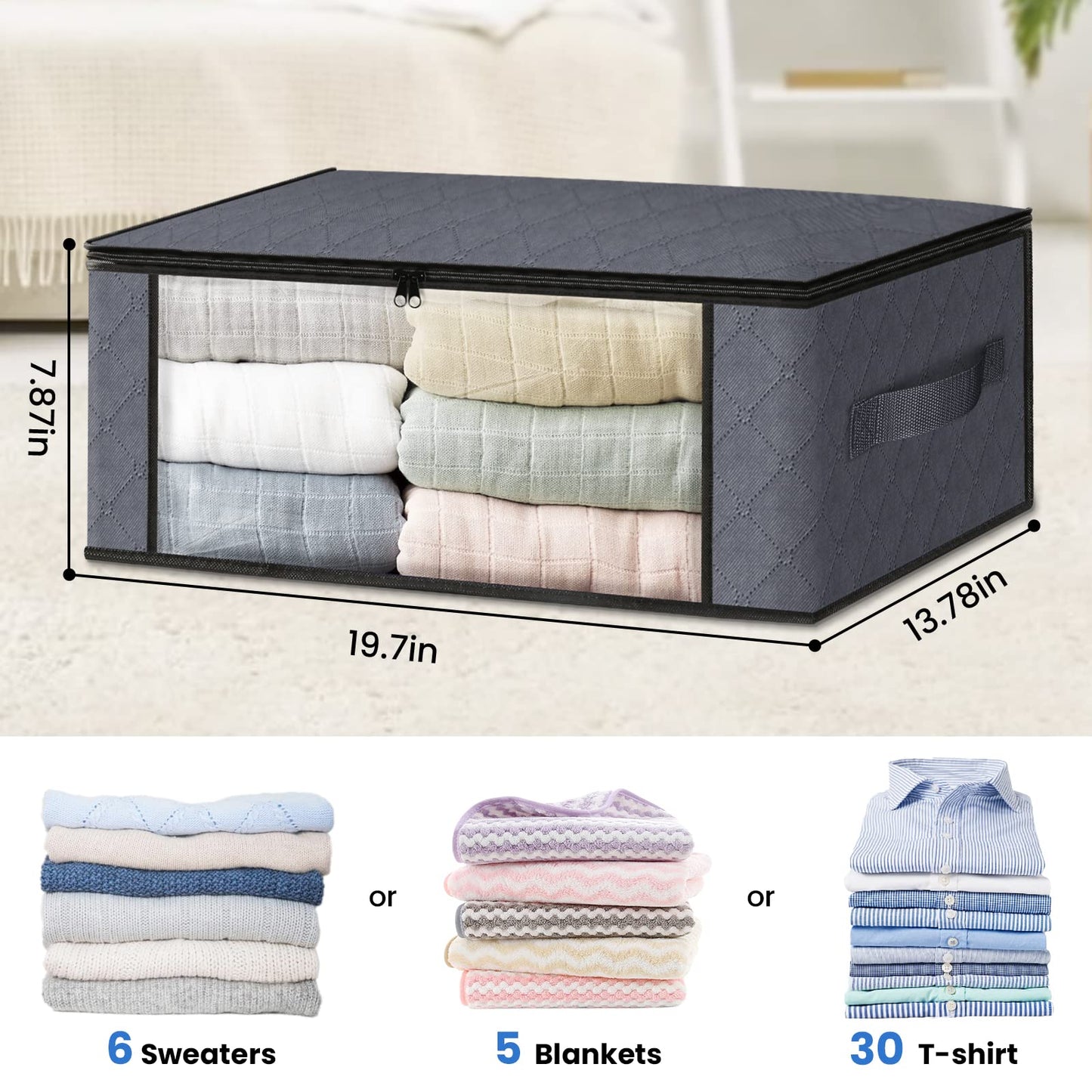 HomeHacks Storage 3-Pack Clothes Organizer Storage Bags Foldable Storage Box with Large Clear Window Sturdy Handles for Closet, Dorm, Pillows, Bedding, Clothes, Blankets, 35L, Gray
