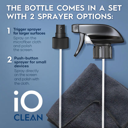 iO Clean Screen Cleaner Spray (16oz - 473ml) Best Large Cleaning Kit for LCD LED OLED TV, Smartphone, iPad, Laptop, Touchscreen, Computer Monitor, Other Electronic Devices, Microfiber Cloth Wipes