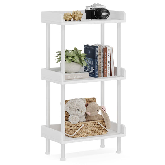 Hosfais 3 Tier Wood Bookcase Industrial Bookshelf with Edge Protection Metal Standing Book Shelves Display Book Rack for Living Room Bedroom Home Office (White)