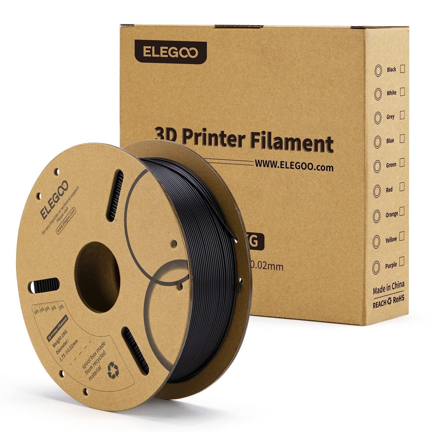 ELEGOO PLA Filament 1.75mm Black 1KG, 3D Printer Filament Dimensional Accuracy +/- 0.02mm, 1kg Cardboard Spool(2.2lbs) 3D Printing Filament Fits for Most FDM 3D Printers
