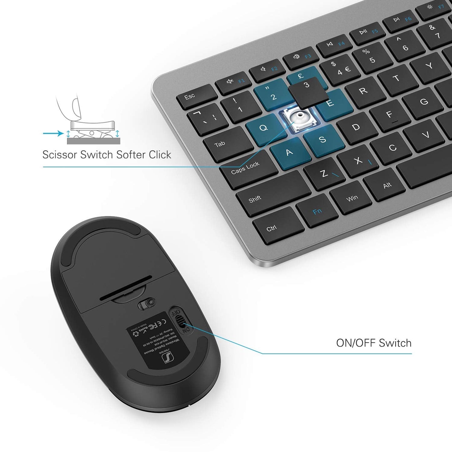 seenda Wireless Keyboard and Mouse Set, SK38 Ultra Slim Quiet USB Wireless Keyboard and Mouse Full Size QWERTY UK Layout with Numeric Keypad for Windows PC, Laptop, Computer, Black and Grey
