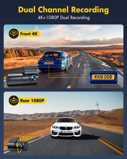 GKU 4K Dash Cam Front and Rear, 5GHz WiFi Dashcam with 64GB SD Card, Dual Car Camera Dash Cam with Parking Monitor, Night Vision, WDR, 170° Wide Angle, G-Sensor, Loop Recording, APP Control, Max 256GB