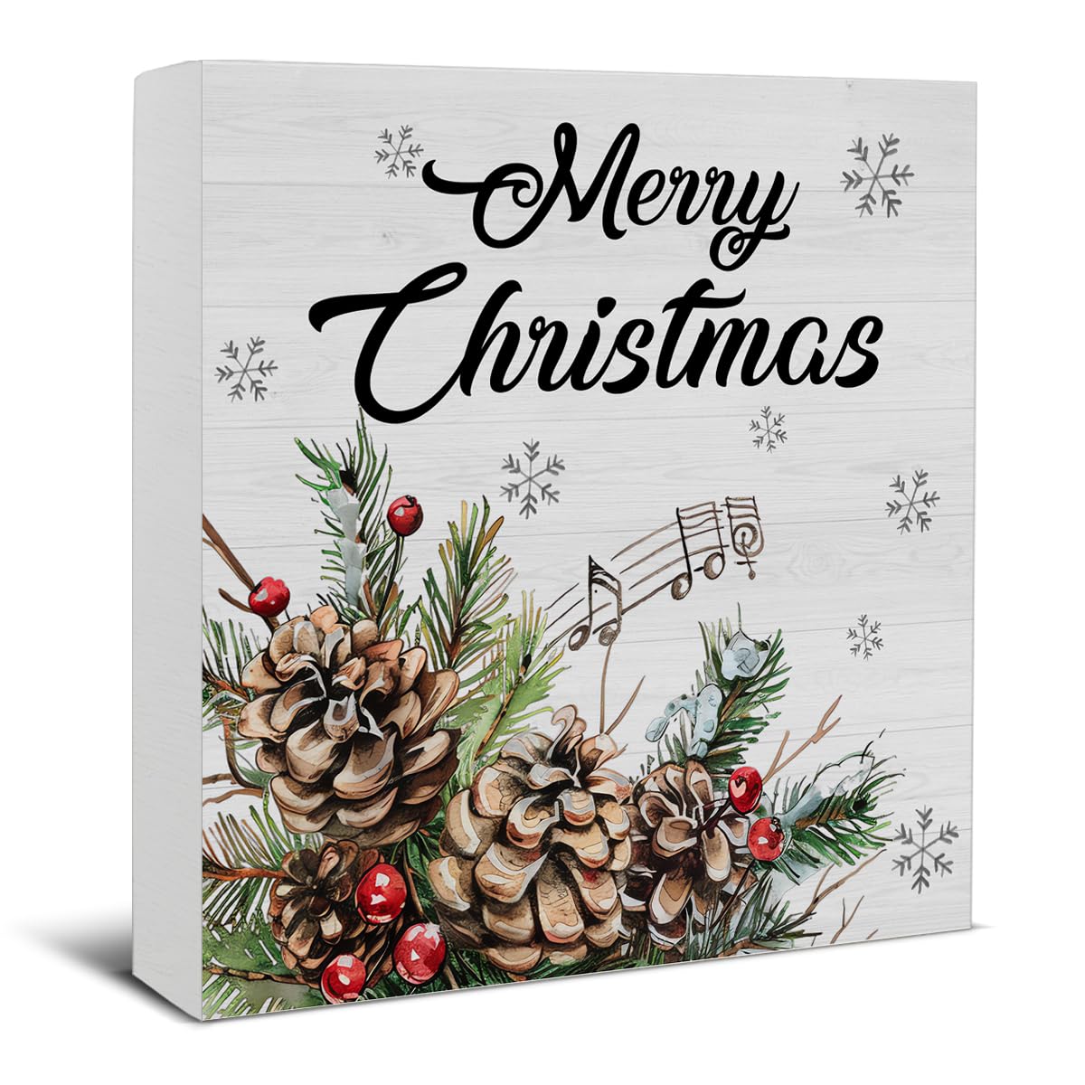 Farmhouse Christmas Decorations, Merry Christmas Decor Sign, Elk Trees Pine Cones Holly Berry Wood Sign Rustic Home Table Desk Decor (5 x 5 Inches)