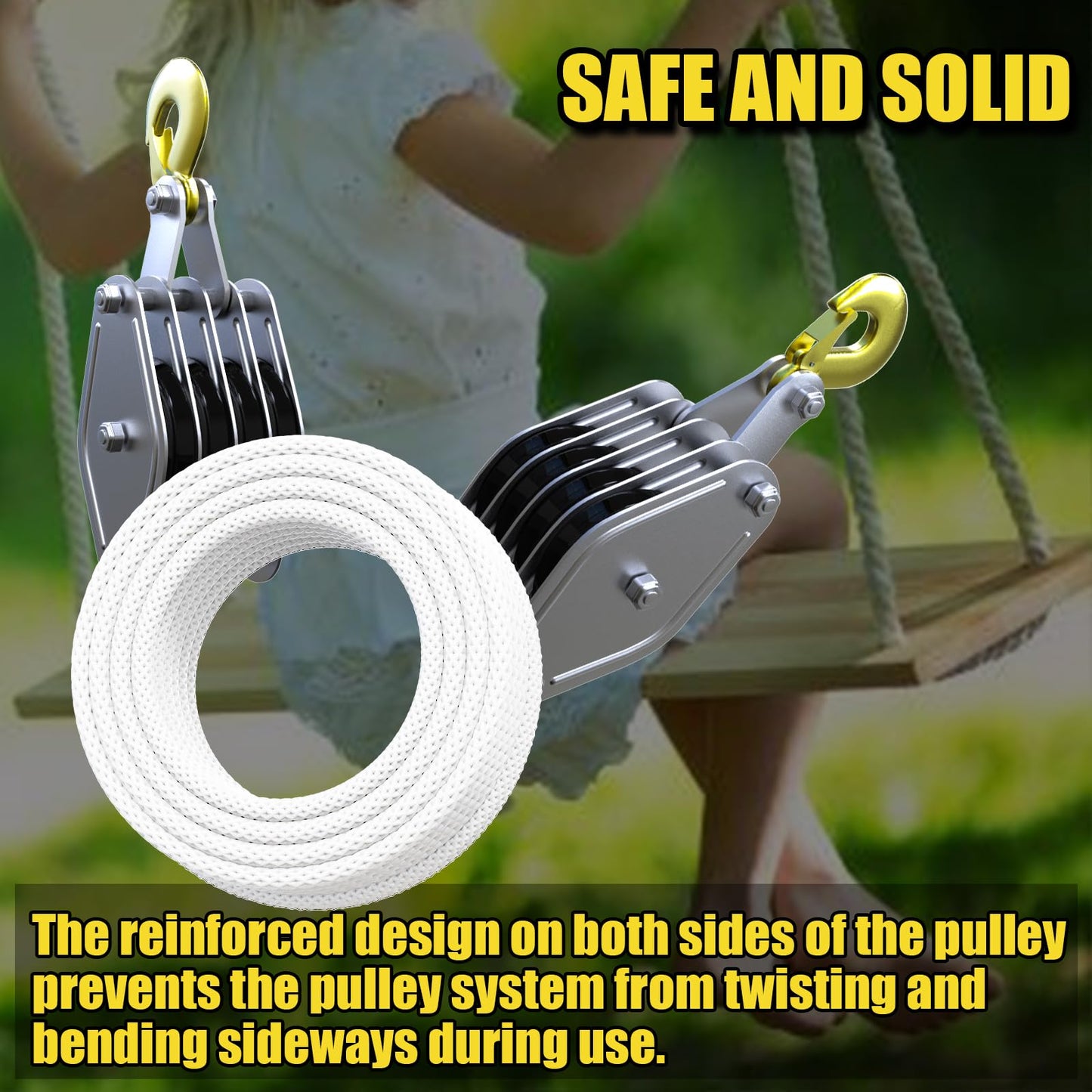 FITHOIST Block and Tackle 4400LBS Breaking Strength Heavy Duty Pulley, 65 Ft Rope Pulley, 7:1 Lifting Power Pulley System, Pulley Hoist with 2 Pcs 8 Ft Lift Sling