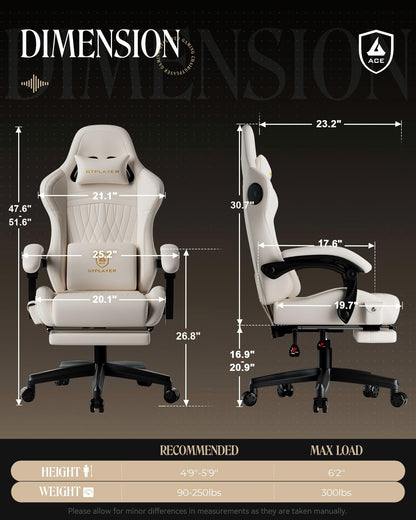 GTPLAYER Gaming Chair with Speakers, Video Game Chairs with Footrest, PC Gamer Chairs for Adults - Padded High Back Ergonomic Reclining Silla Gamer, Linkage Armrest, Ace Pro, Ivory