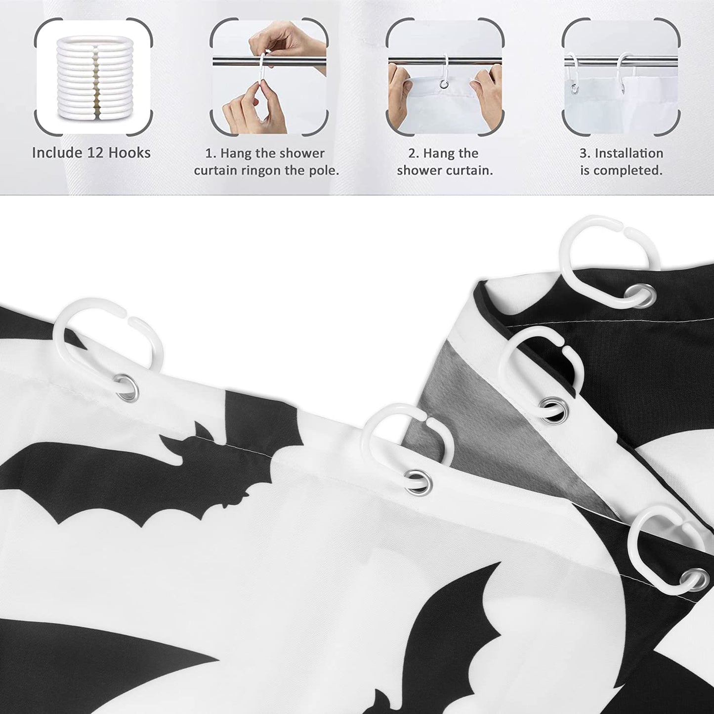 GCIREC Halloween Shower Curtain, Halloween Theme Black and White Bat Bathroom Curtain Halloween Party Decor Waterproof Fabric Machine Washable with 12 Hooks