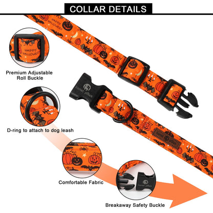 Lionet Paws Halloween Dogs Collar Orange, Bat Pmupkin Collars with Quick Release Buckle for Boy Dogs, Medium, Neck 13.5-22 inches