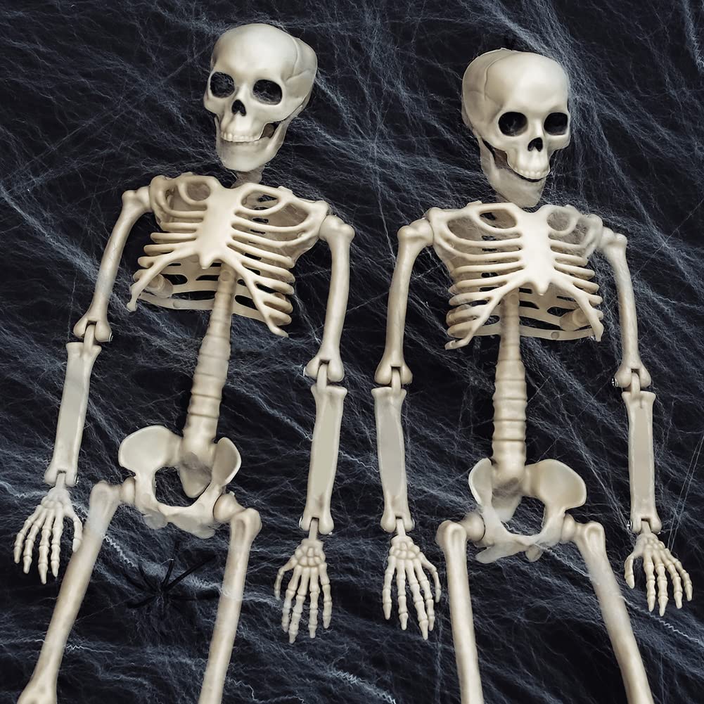 UMEELR 5Pcs Hanging Skeleton Halloween Decorations, 16in Movable Joints Realistic Full Body Poseable Plastic Skeleton for Yard Garden Patio Haunted House Halloween Party Decoration