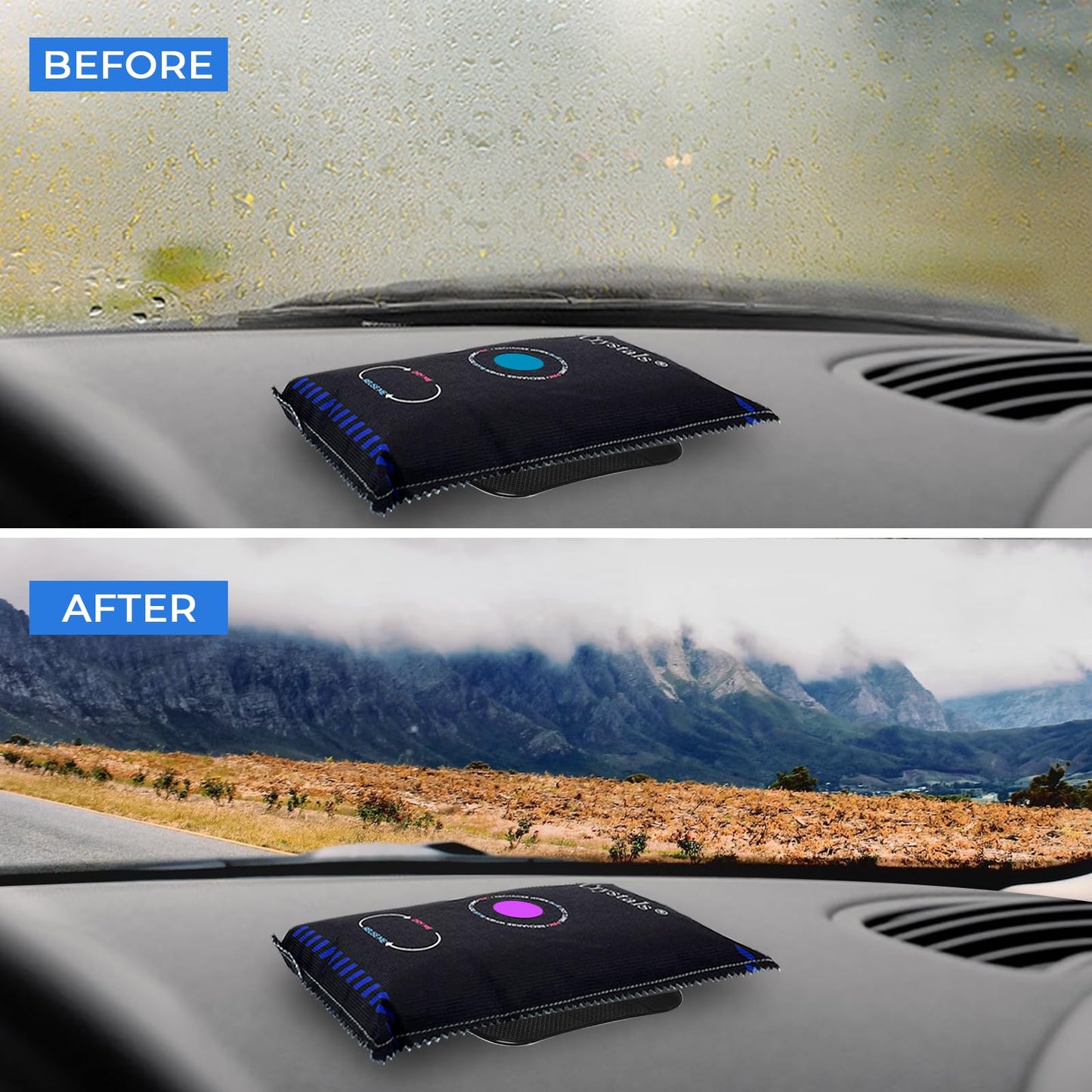 Crystals Pack of 2 x 1KG Reusable Car Dehumidifier, Van Car Caravan Home Moisture Absorber Bag with Anti Slip Pads, Moisture Condensation Absorber Damp Trap Keeps Windscreen Clear - Black