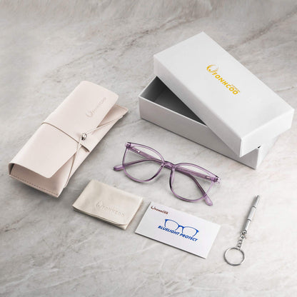 FONHCOO Blue Light Blocking Glasses Fashion Round TR90 Frame Transparent Eyewear Anti UV Blu-Ray Computer Glasses for Women Men (Purple)