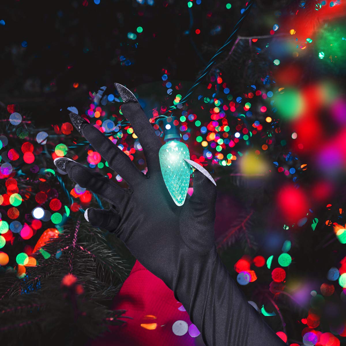 Amosfun Gloves Halloween Nails Halloween Party Costume Gloves Attached Long Fingernails,Pack of 2 (Black)…