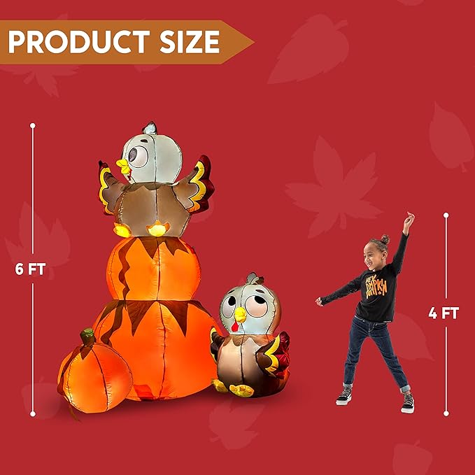 Joiedomi 6 FT Thanksgiving Inflatable Stacking Pumpkin Turkey With Built-in LEDs, Blow Up Outdoor Decorations for Yard Garden, Halloween Inflatable for Thanksgiving
