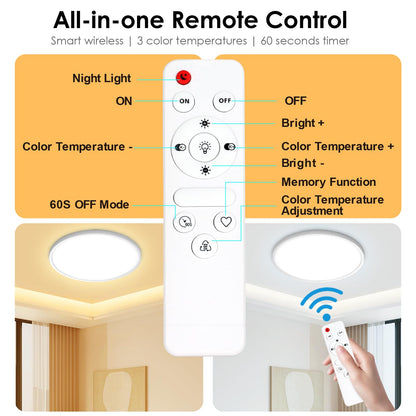 Yexati Bathroom Light 24W 3200LM 30cm Dimmable with Remote Control 6500K-3000K, IP54 LED Bathroom Light Ultra Thin Flush Ceiling Light Round for Kitchen Toilet Porch Bedroom Utility Room White