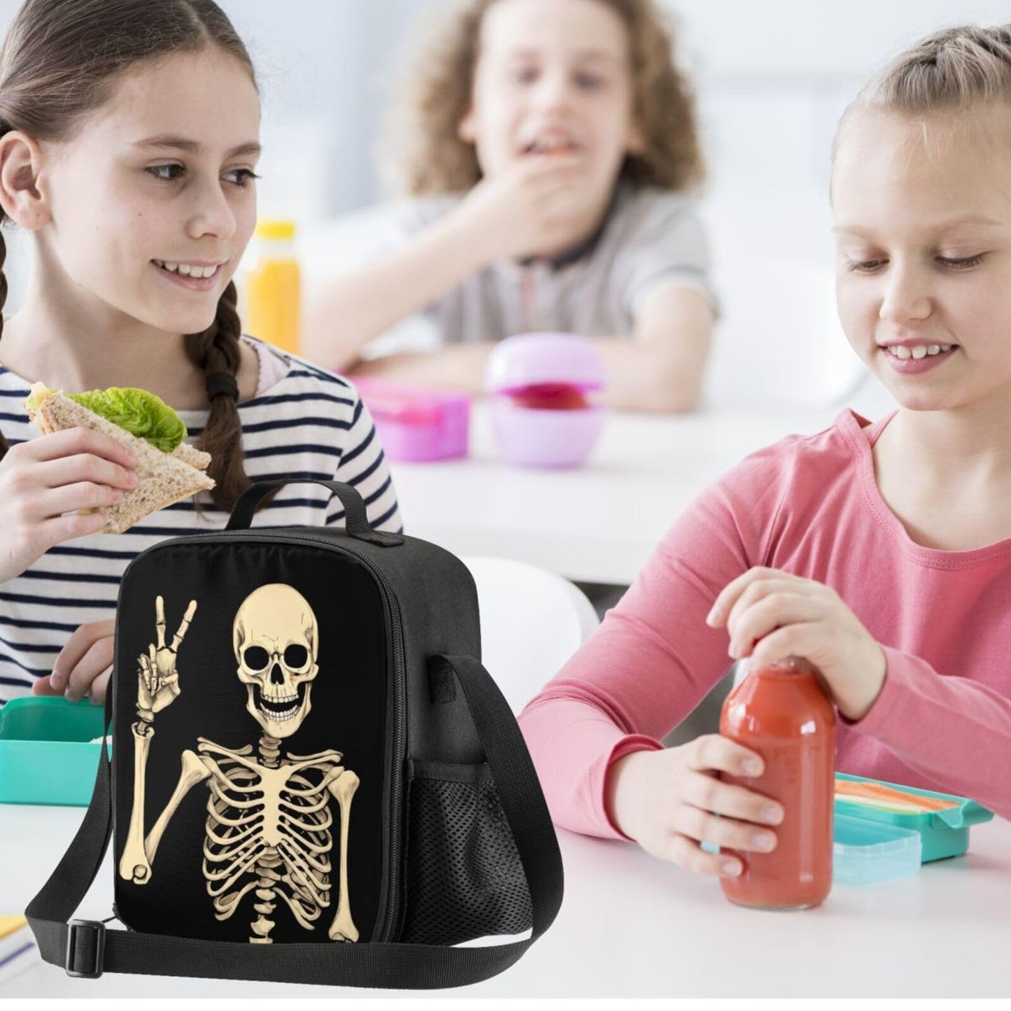 PrelerDIY Funny Skull Lunch Bag Tote Lunch Box Food Bag for Boys Girls with Zipper & Side Pocket & Shoulder Strap
