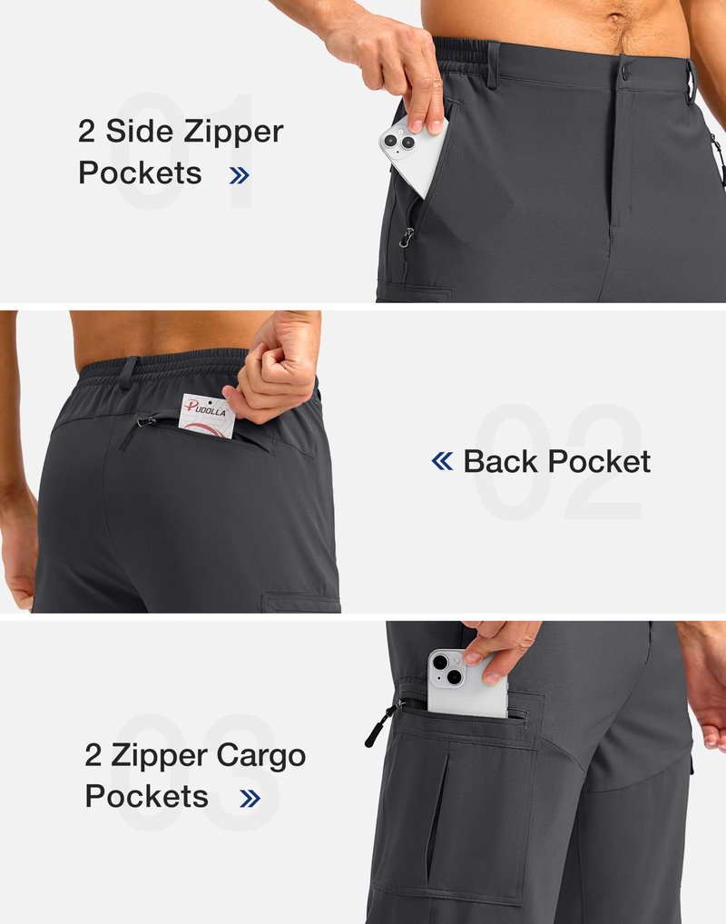 Pudolla Men's Hiking Shorts 11" Lightweight Cargo Work Shorts for Men Summer Travel Golf Casual Outdoor with 5 Pockets(Deep Grey Large)