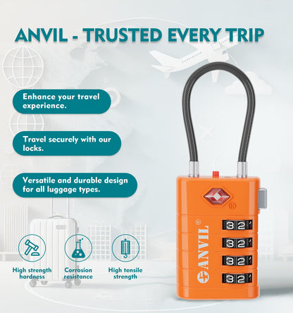 ANVIL 4 Digit Luggage Locks, TSA Locks for Luggage, Advanced TSA008 core, Alert Indicator for Your Travel Lock, Suitcase Lock. (2, Orange)