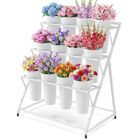 Asee'm Flower Display Stand with 12 Buckets Metal Flower Bar Stand 3 Layer Heavy Duty Flowers Cart Display with Wheels Moving Florist Bouquet Shelf for Indoor Outdoor Patio Decor Terrace Wedding White