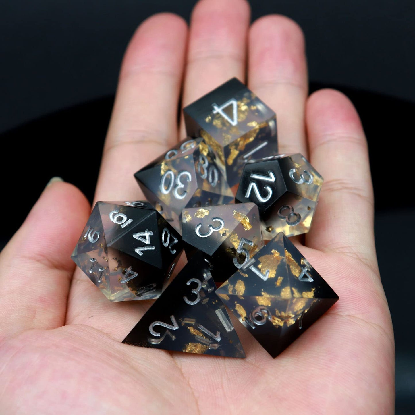 Haxtec DND Dice Set Black Sharp Edge Resin Dice Gold Flakes with Dice Case Black White Gold D&D Dice for RPG Role Playing Games Dungeons and Dragons Gift War Series