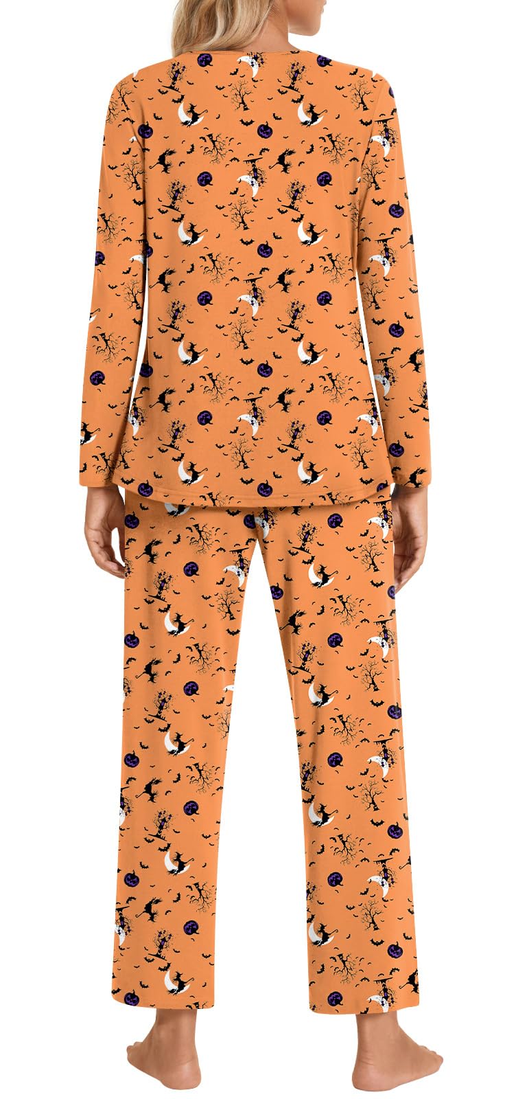 Findsweet Women's Pajama Set 2 Piece Lounge Outfits Soft Sleepwear Fall Long Sleeve Long Pant With Pockets Ladies Pjs M, Halloween Orange