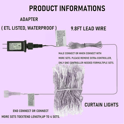 Dazzle Bright 300 LED Curtain String Lights, Halloween Fairy Lights for Bedroom with 8 Lighting Modes, Connectable Waterproof Window Light Party Wedding Garden Wall Decor, Purple