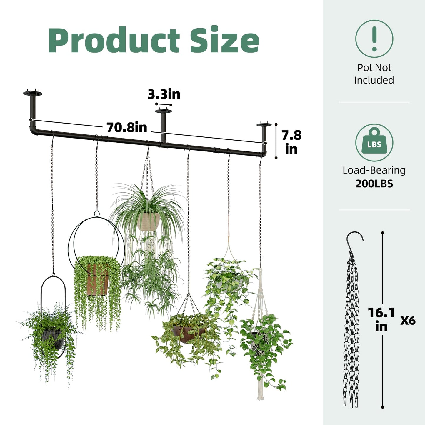 Galood Plant Hanger Indoor with 6 Hanging Chains Hanging Planters for Indoor Plants Hanging Plant Holder Window Plant Rod Black Metal Shelves(70.8 Inch Pot not Included