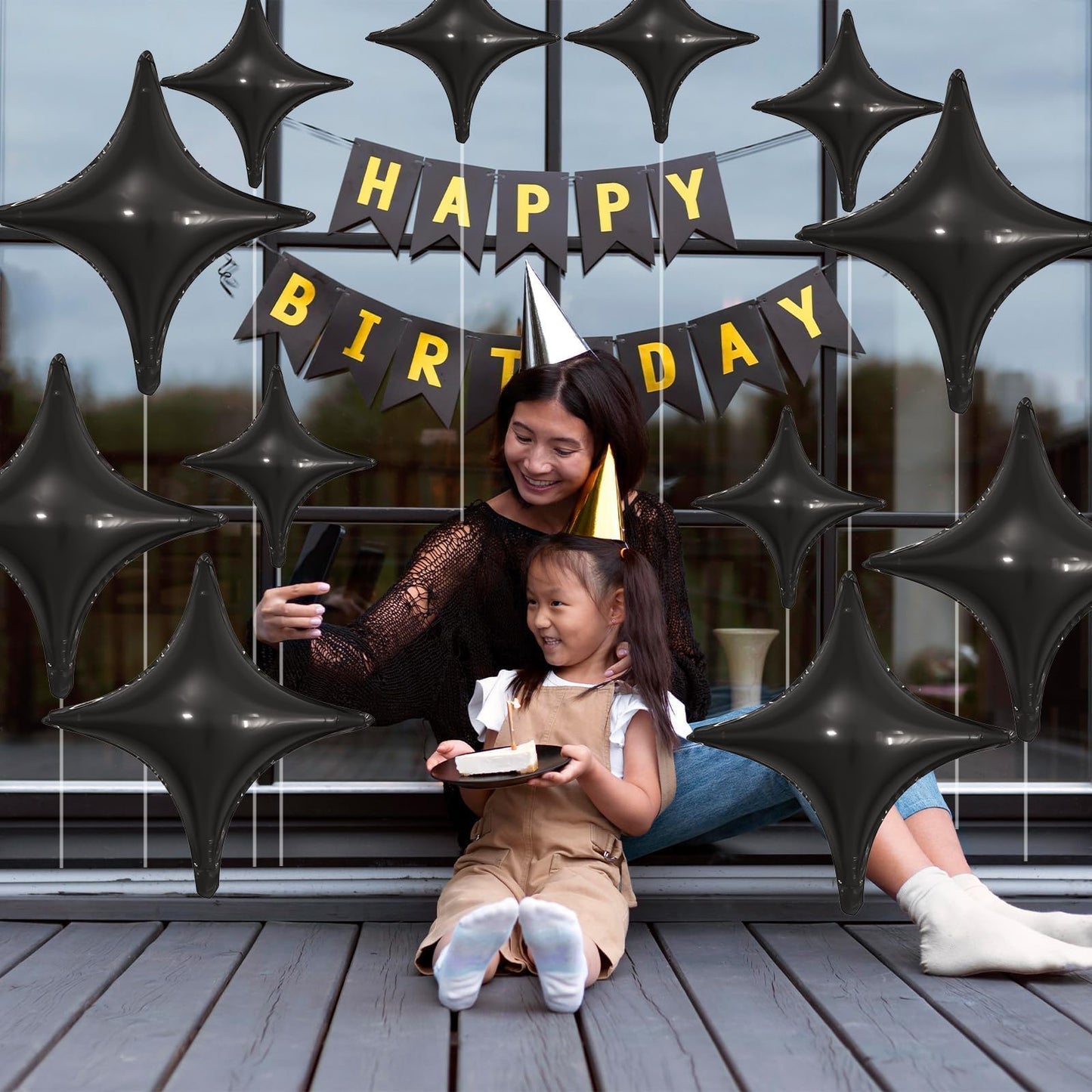 Black Star Balloons,12Pcs Four Angle Star Foil Balloons,26Inch and 10Inch Black Quadrangle Helium Polyester Film Balloon for Birthday Anniversary Baby Shower Wedding Party Decorations