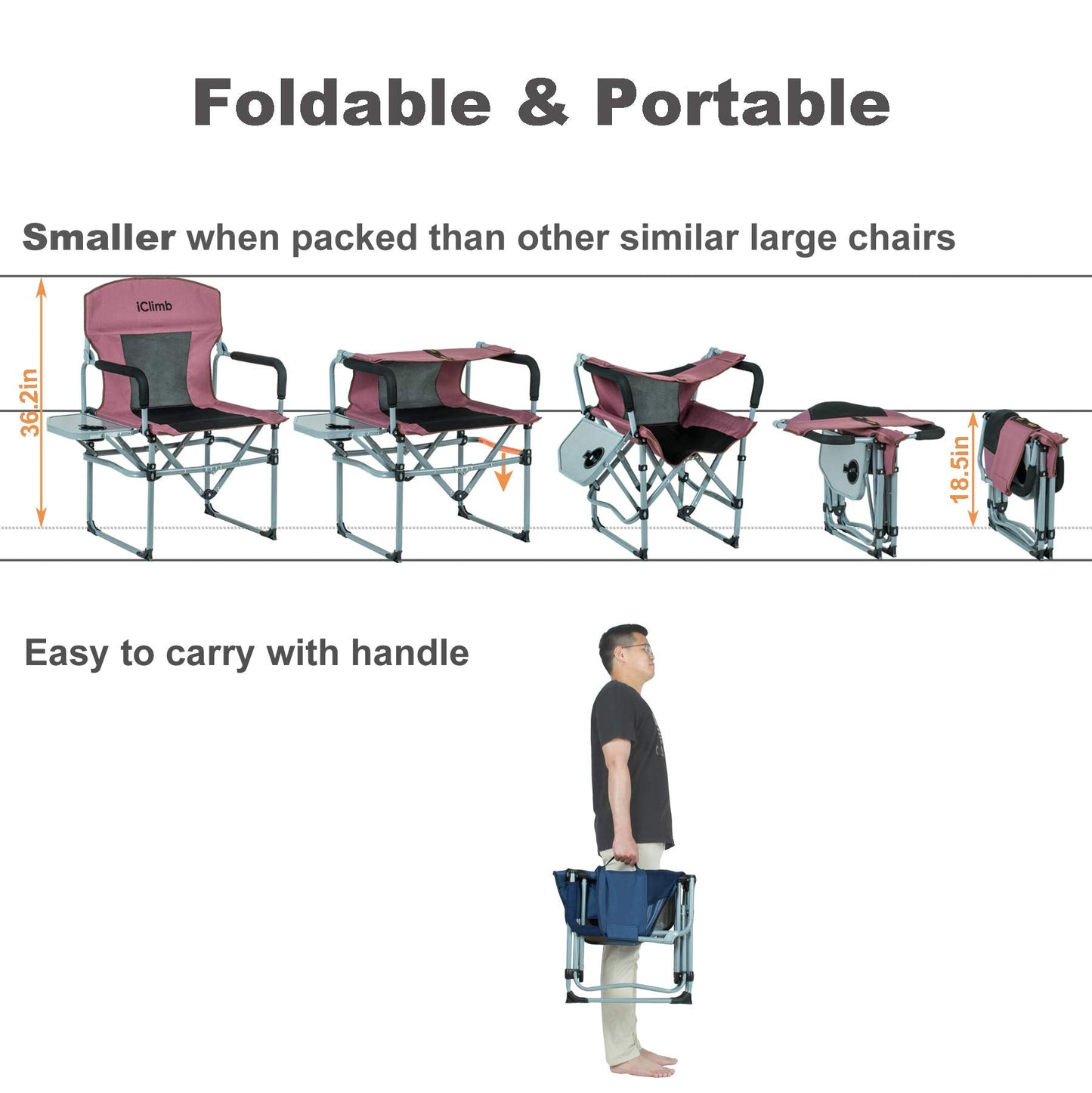 iClimb Heavy Duty Compact Camping Folding Mesh Chair with Side Table and Handle (Black, 2PC)