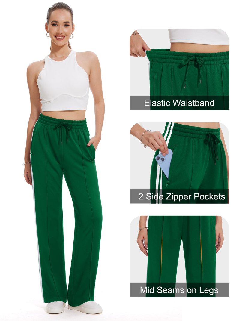 Tapata Long Women 32" Inseam Warm Up Track Pants Wide Leg Sweatpants Lightweight Side Stripe Ladies Slacks Workout, Green, S
