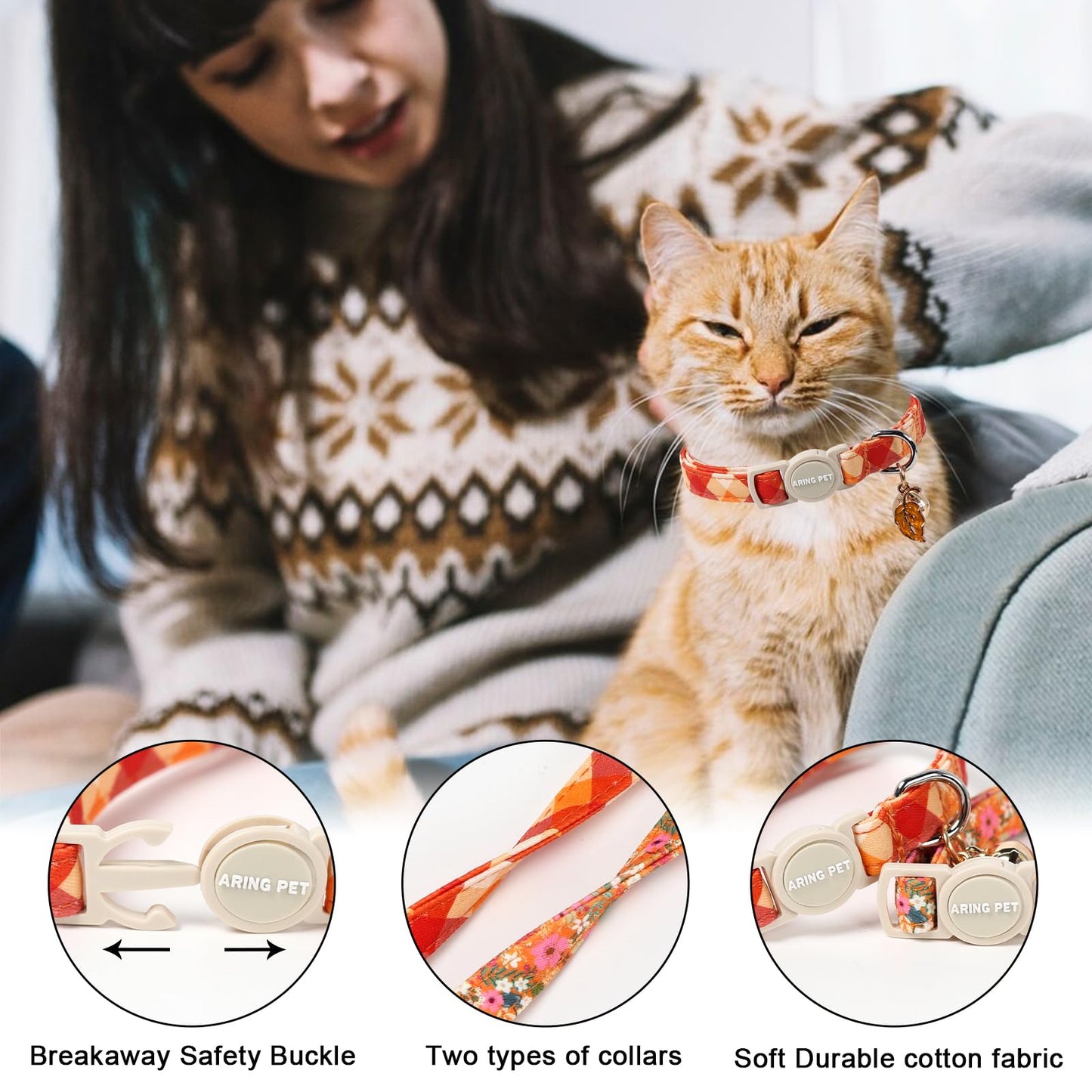 ARING PET 2 Pack Cat Collars, Breakaway Cotton Fall Halloween Kitten Collar with Bells for Girl Boy Cats Floral & Orange Plaid