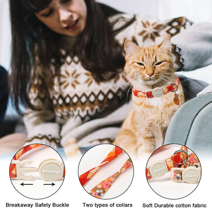 ARING PET 2 Pack Cat Collars, Breakaway Cotton Fall Halloween Kitten Collar with Bells for Girl Boy Cats Floral & Orange Plaid