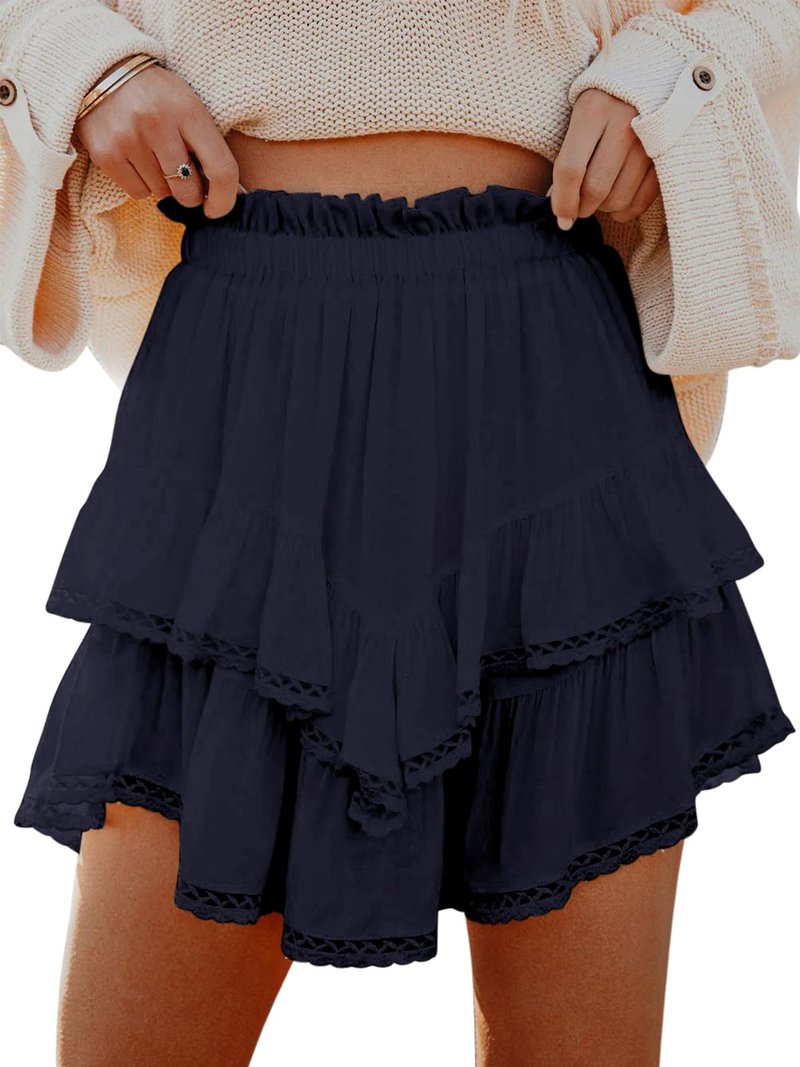 Aoudery Flowy Shorts for Women Casual Boho Ruffle Tiered Skorts High Waist Mini Skirts Golf Tennis Butterfly Crochet Shorts - Navy Blue XL