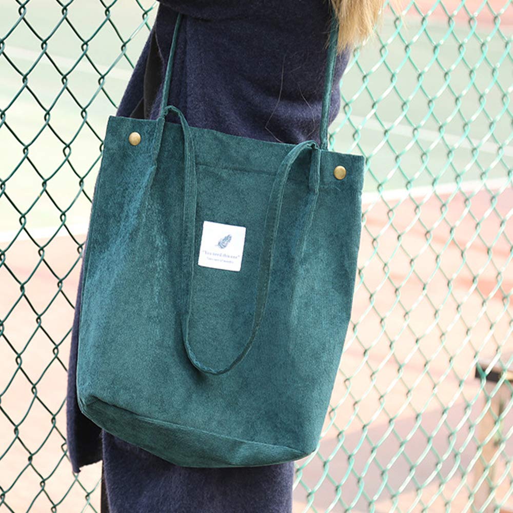 Funtlend Cord Bag Womens Large Corduroy Tote Bag Women Shoulder Handbags for School Shopping Work College Casual (Green)
