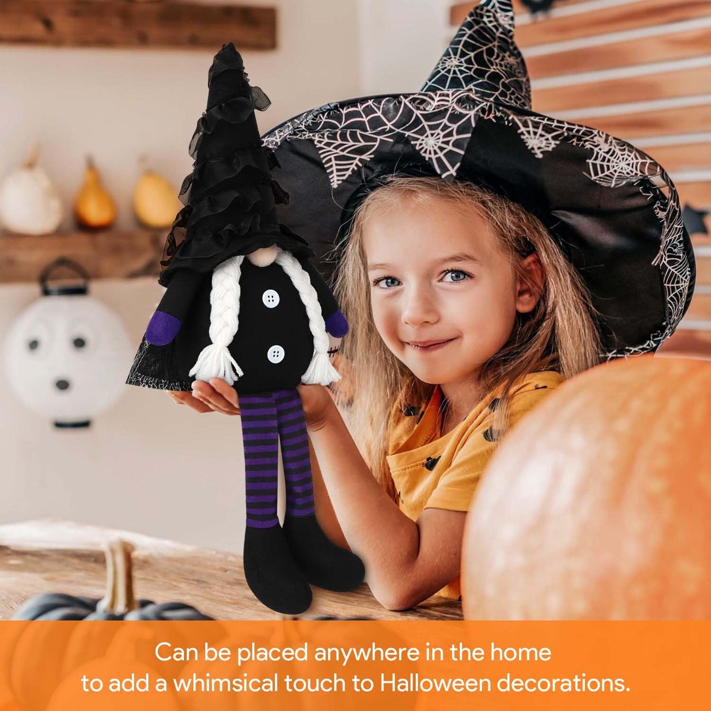 BINSUNS Halloween Plush Gnomes Decoration, 2 Pack Halloween Dangle Leg Gnomes Doll Elf Dwarf - Black Witch Cloak Hat Stuffed gnomesfor Halloween Home Decor Table Decorations Gifts Household Ornaments