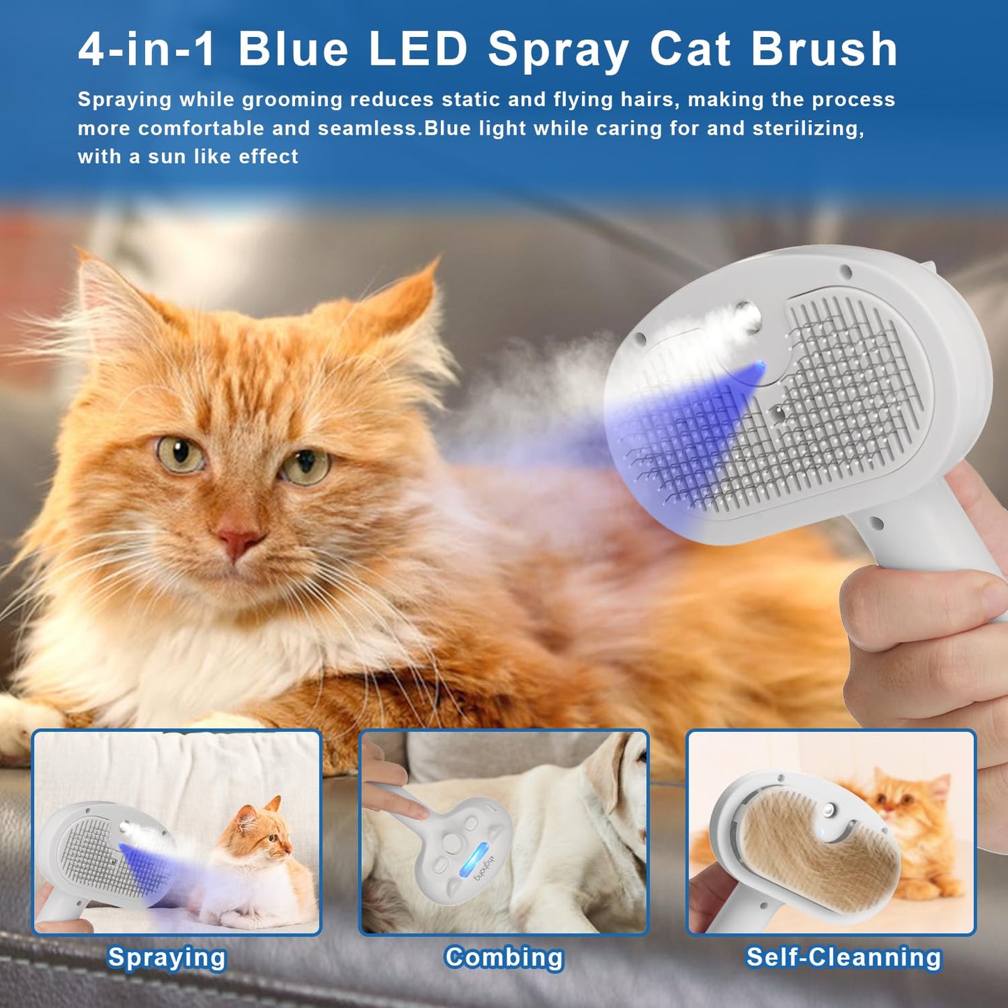 Pet Steam Brush for Shedding, 4 In 1 Brush for Long & Short Haired Cat&Dog, Self-Cleaning Hair Remover with Water Tank And LED Blue Light, Release Button(grey)