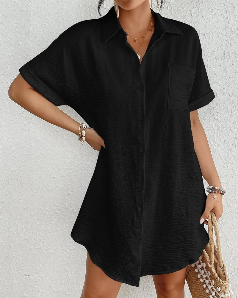 Bsubseach Women Swimsuit Coverup Shirt Dress Button Down Bathing Suit Cover Up Beach Vacation Outfits Black L