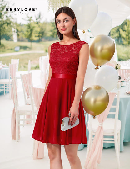 BeryLove Women's Short Homecoming Dresses for Teens Sleeveless Flowy A Line Wedding Guest Lace Cocktail Prom Formal Dress 05 B-Red L