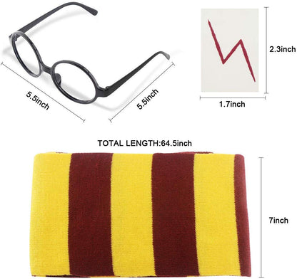 Novelty Scarf Wizard Glasses with Round Frame No Lenses 12 PCs Lightning Bolt Tattoos for Kids Christmas Birthday Party Cosplay Costume Accessories
