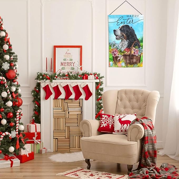 Bernese Mountain Dog Happy Easter Flower Garden Flag Welcome Party Outdoor Outside Decorations Picks Home House Garden Yard Decor 12x18 Inch