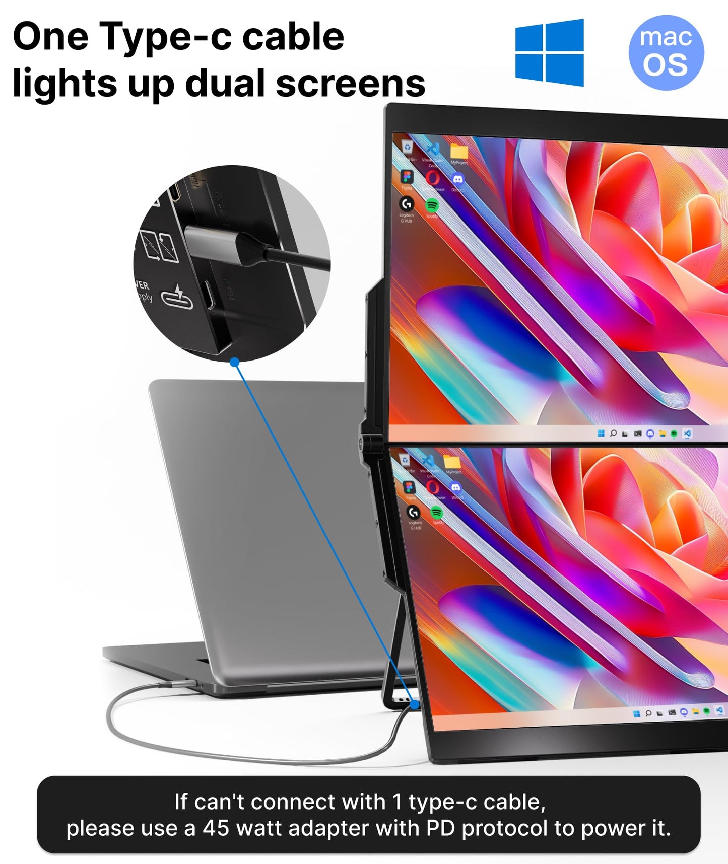 Ingnok Portable Monitor, 18.5 Inch FHD 1080P 100% sRGB Laptop Screen Extender USB C HDMI Portable Gaming Monitor w/Smart Cover & Speakers, External Monitor for Laptop Mac PC