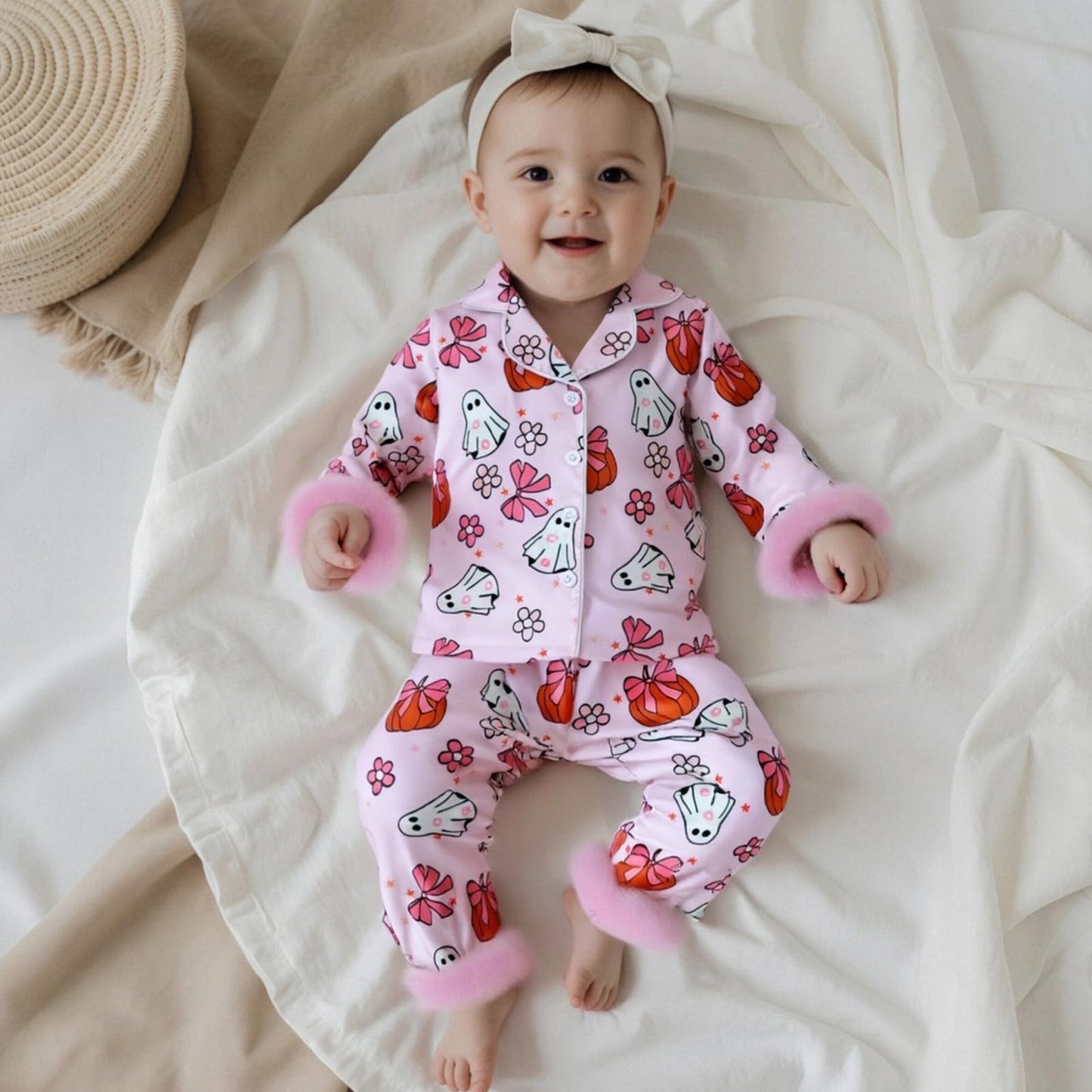 Kuriozud Kids Toddler Girl Halloween Pajamas Fuzzy Trim Long Sleeve Button Down Shirt Top and Pants 2pcs Pjs Sets Sleepwear (Floral Ghost Bow Pink, 4-5 Years)