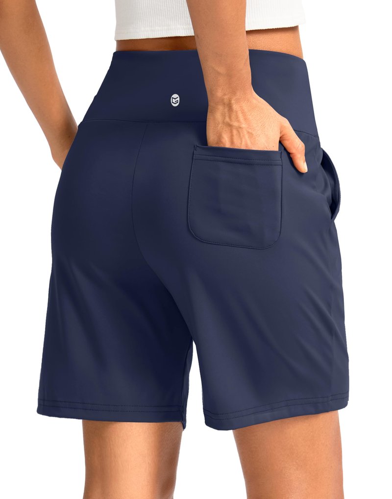 G Gradual Women's Bermuda Long Shorts with Pockets 7" High Waisted Knee Length Shorts for Women Walking Athletic Workout(Navy-L7,S)