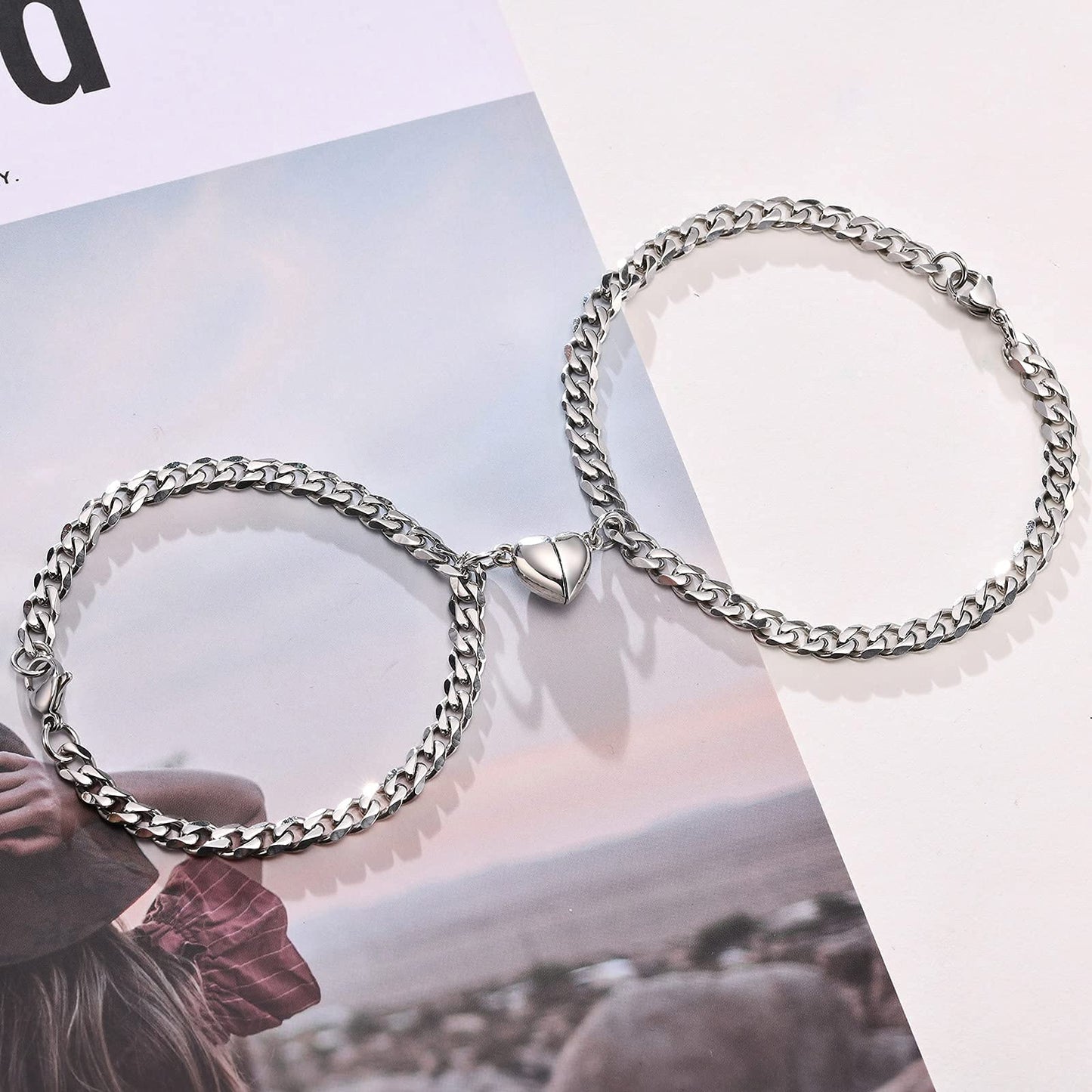 TempBeau 2pcs/Set Couple Bracelet, Relationship Matching Bracelet for Men Women, Stainless Steel Cuban/Figaro Chain BFF Promise Bracelet, Gifts for BF GF Him Her